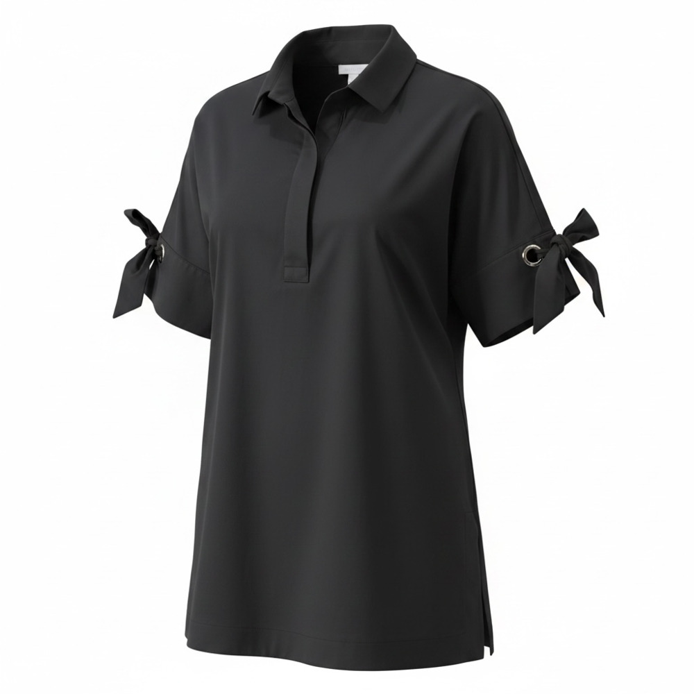 Chico's No-Iron Chic Stretch Black Polo Short Sleeve Shirt with Tie Sleeves